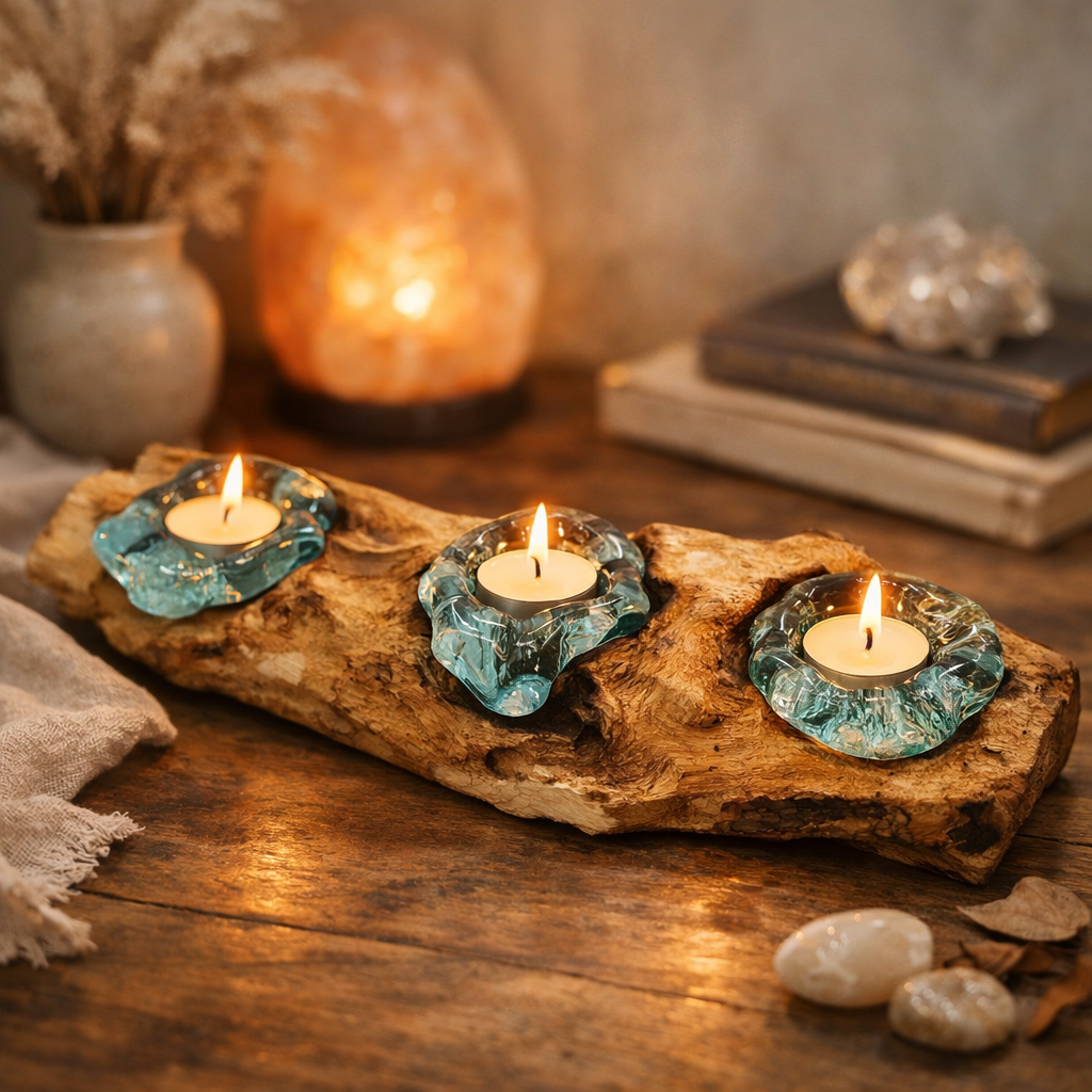 Glazen Kaarsenhouder op Hout – Warm & Uniek